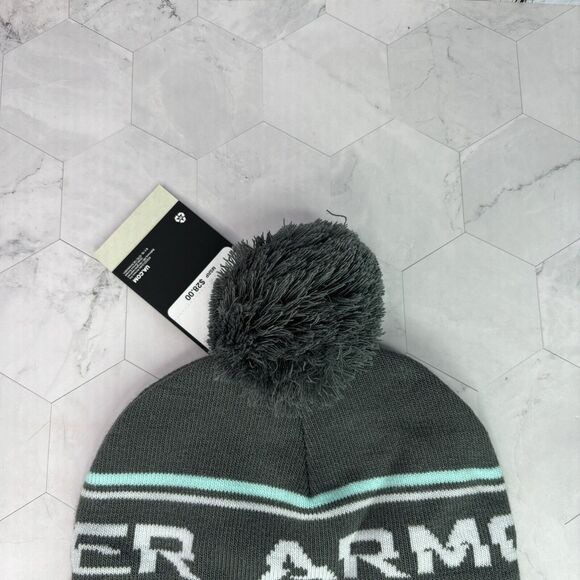 Under Armour Fleece Cuffed Knit Beanie Pom Hat Mens Grey Teal One Size New NWT - Picture 3 of 5